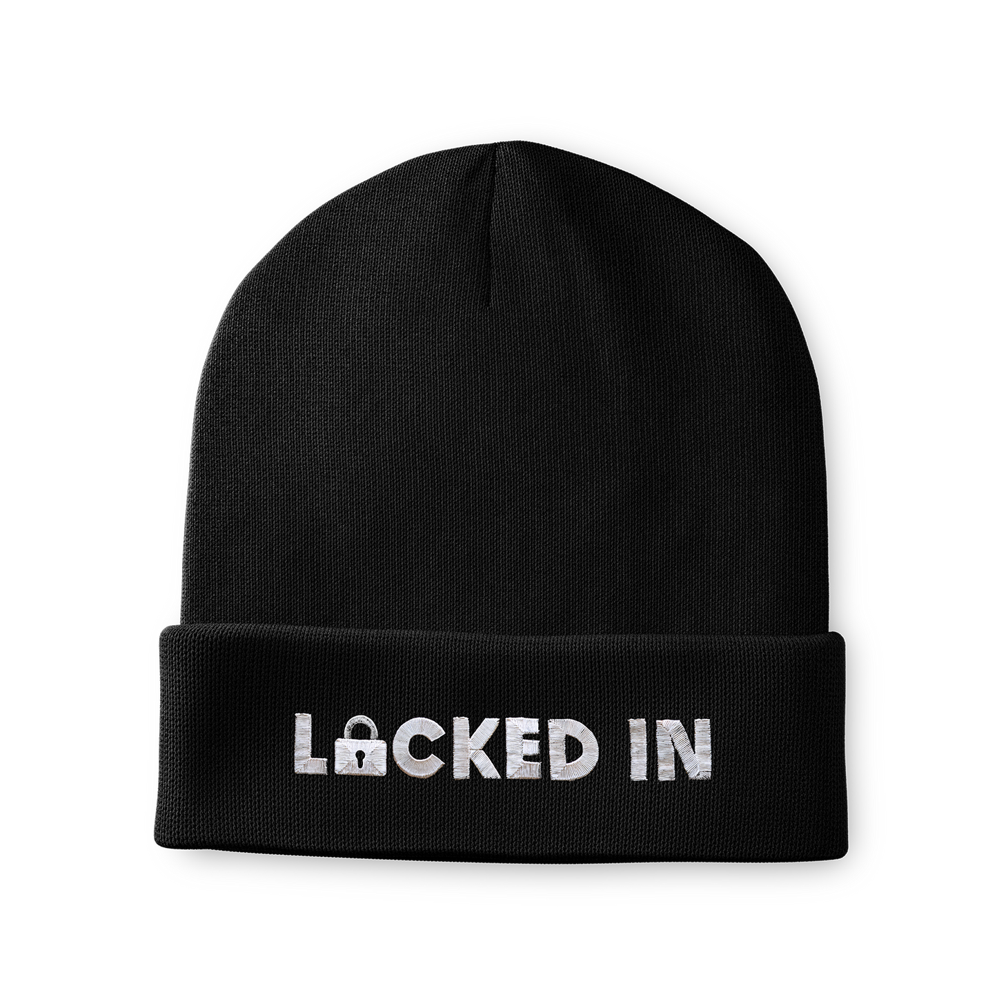 Front view of black cuffed beanie with fold, flat-embroidered “LOCKED IN” logo and small lock icon on the cuff.