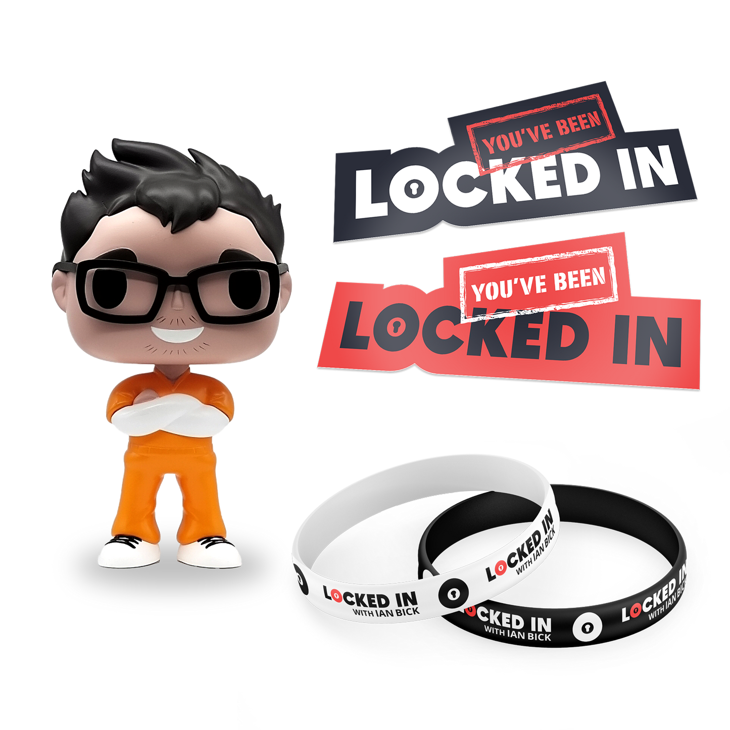 Ian Bick host of Locked In figurine with glasses and orange outfit next to 'You've Been Locked In' wristbands on a white background
