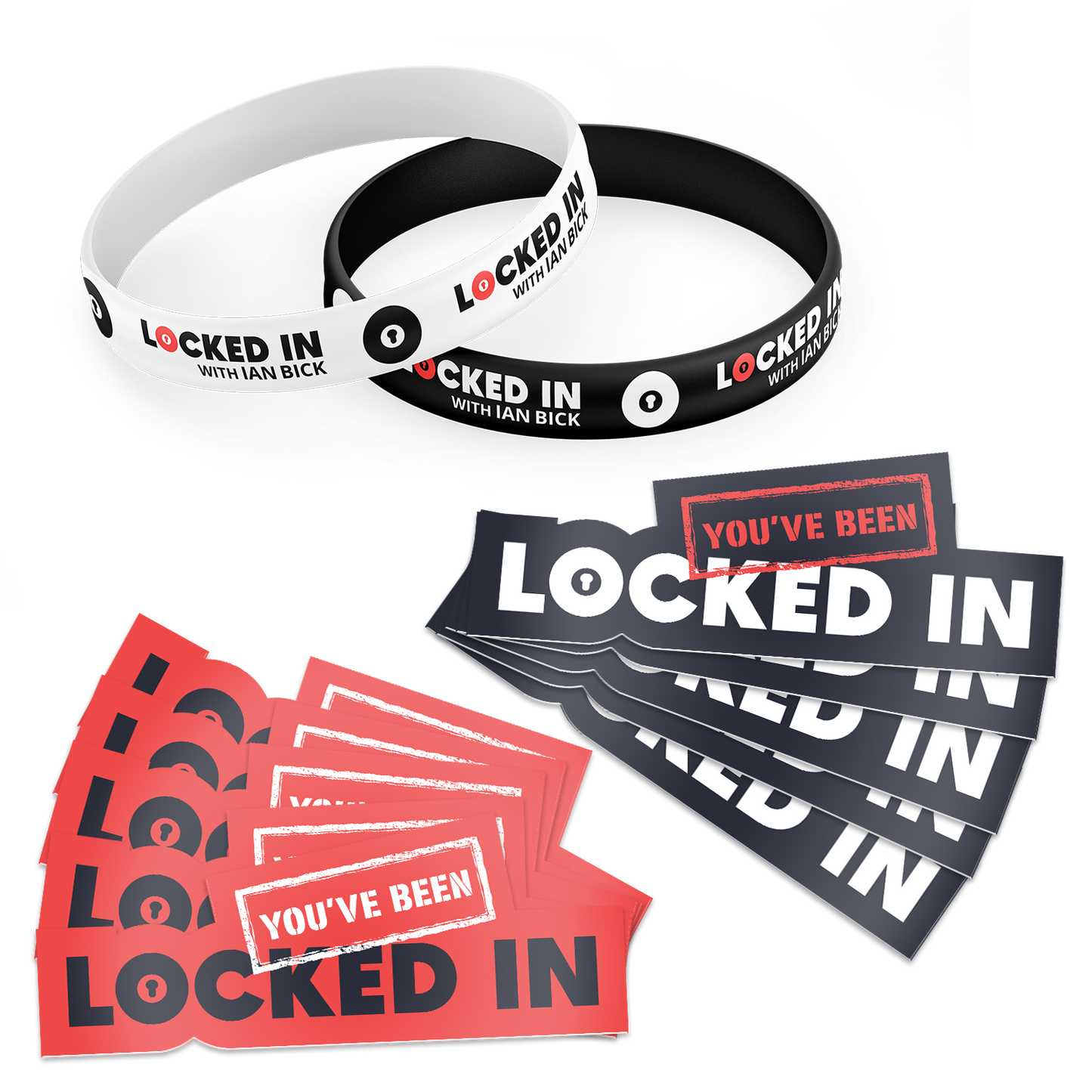 Swag Bundle with two silicone wristbands (black and white) reading âLOCKED IN with Ian Bickâ and ten stickersâfive red, five blackââYOUâVE BEEN LOCKED IN