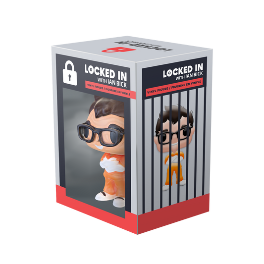 Boxed Ian Bick host of Locked In vinyl figure of a character with glasses and orange outfit, labeled 'Locked In with Ian Bick'.