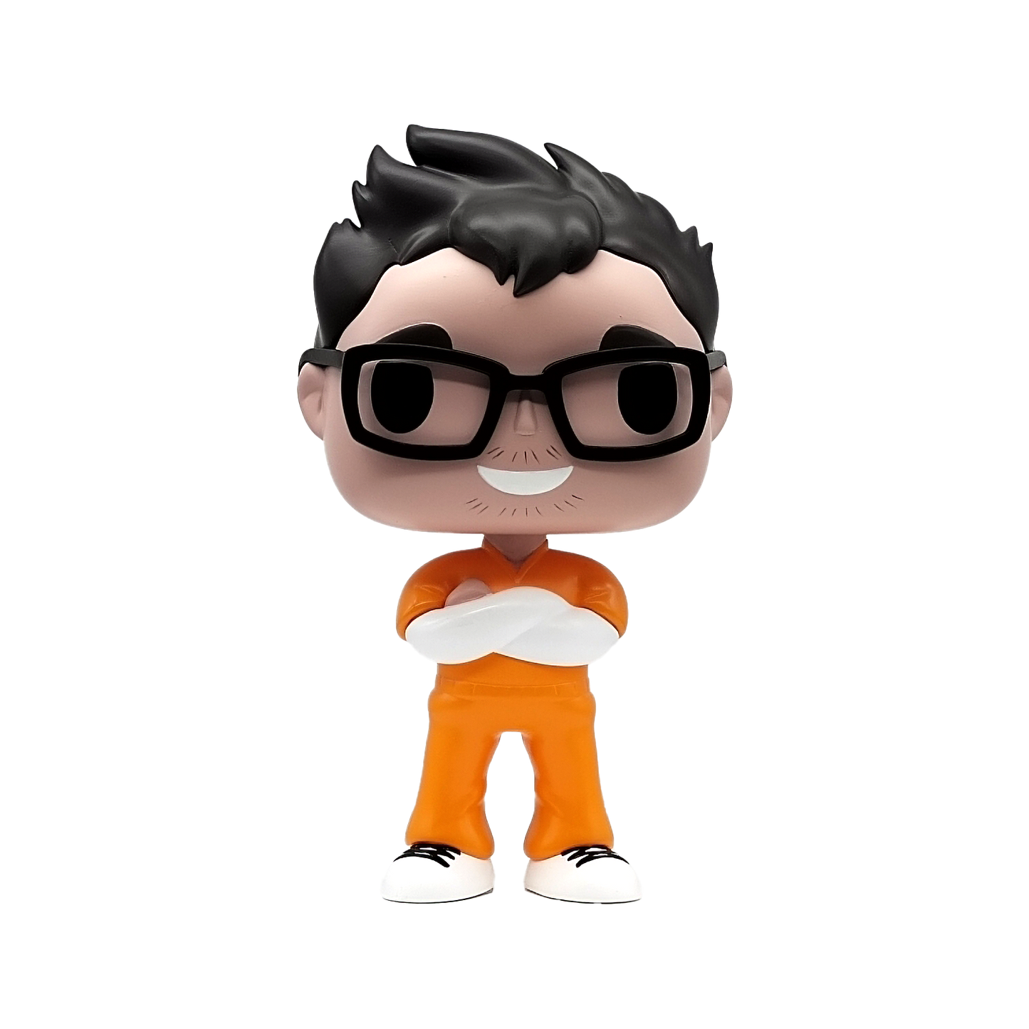 Ian Bick host of Locked In figurine of a character with black hair, glasses, and orange outfit on a white background
