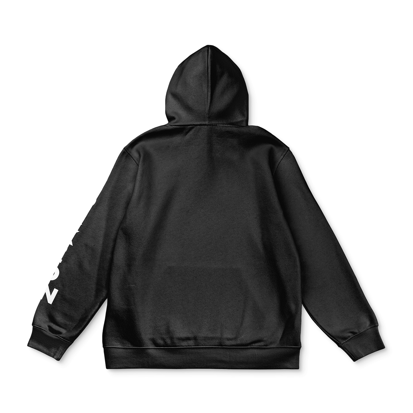 Back view of black hoodie with hood, plain back, ribbed cuffs and hem; slight “LOCKED IN” sleeve text visible at the edge.