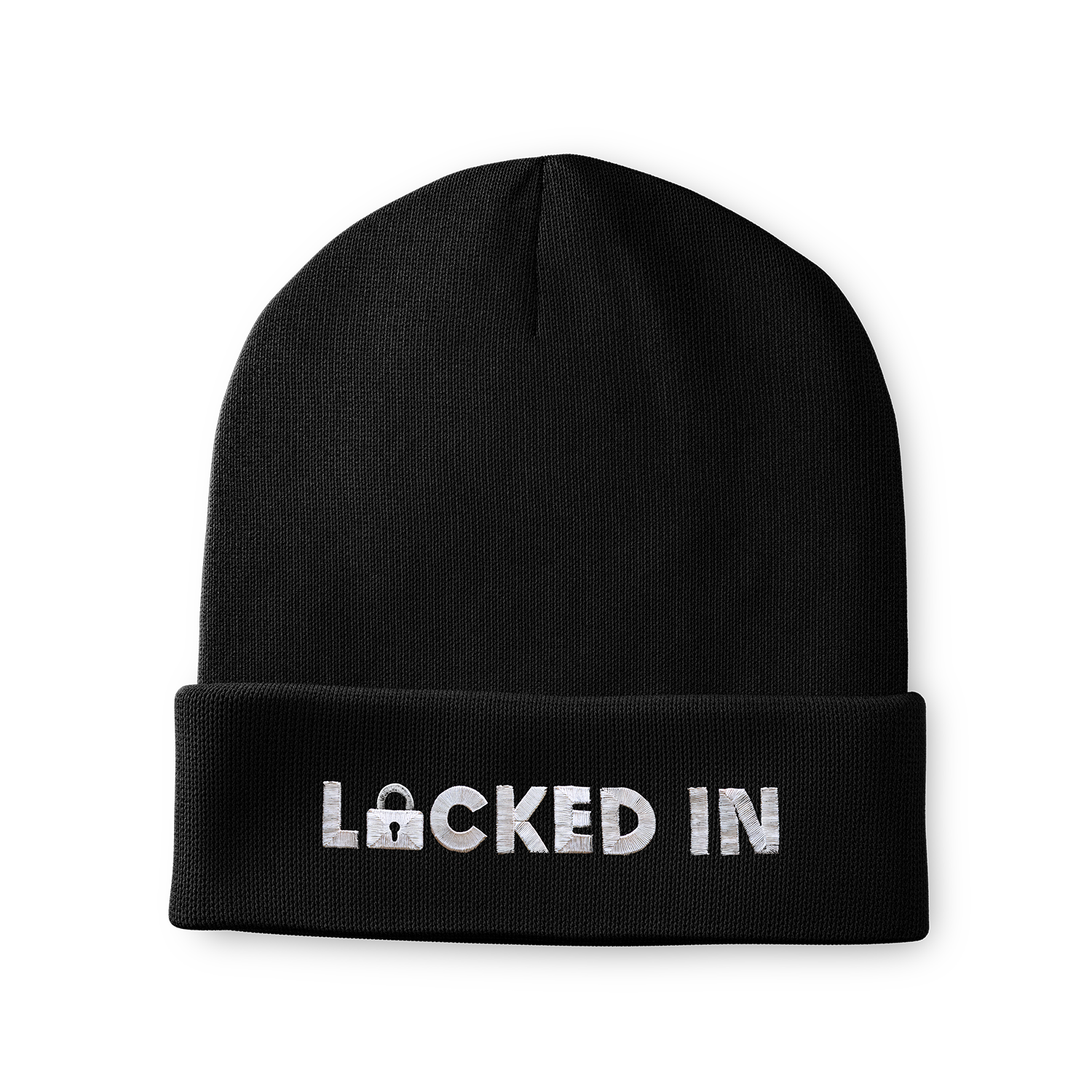 Front view of black cuffed beanie with fold, flat-embroidered “LOCKED IN” logo and small lock icon on the cuff.