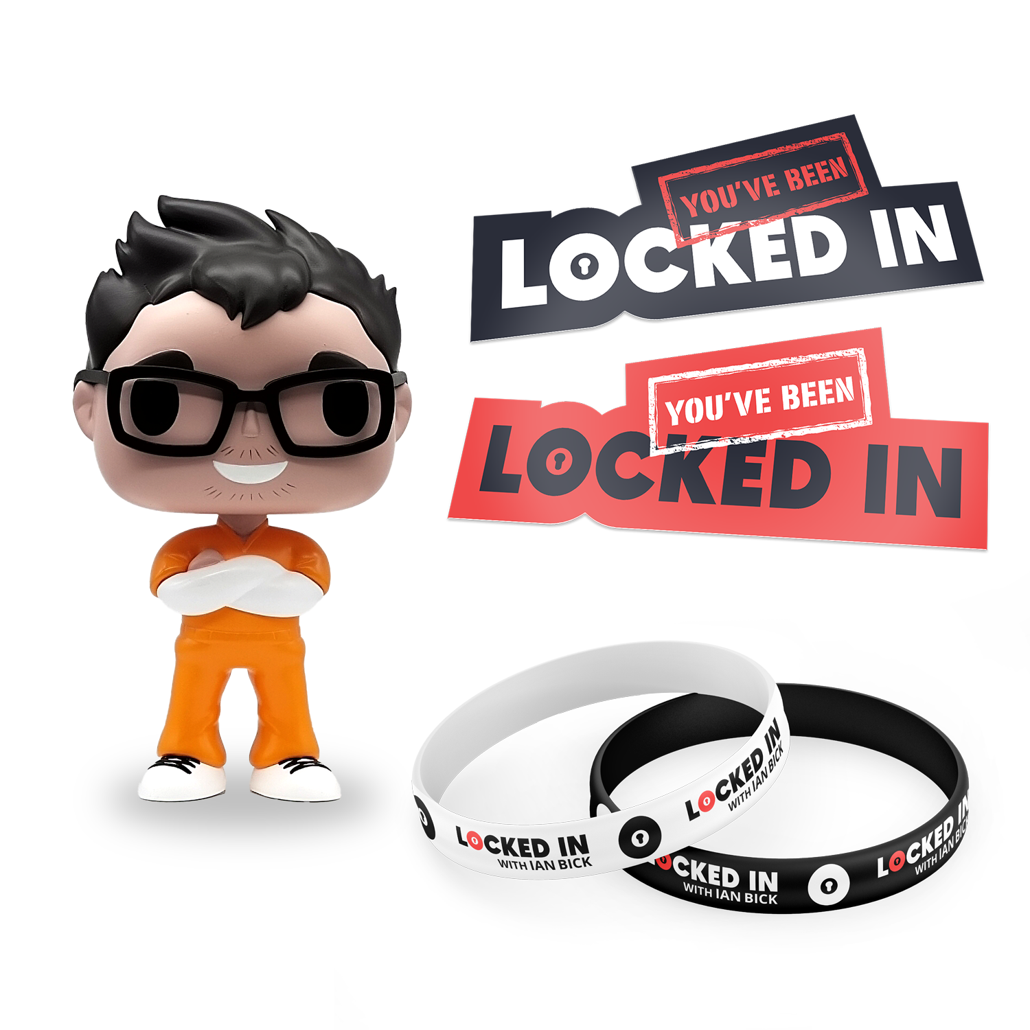 Ian Bick host of Locked In figurine with glasses and orange outfit next to 'You've Been Locked In' wristbands on a white background
