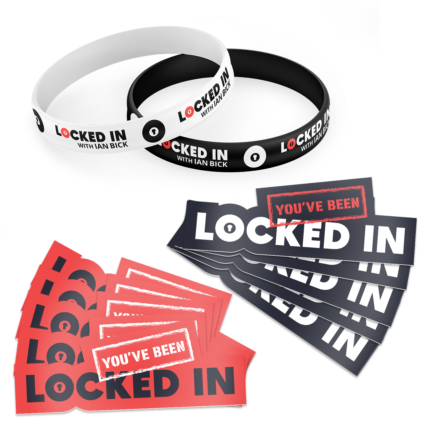 Swag Bundle with two silicone wristbands (black and white) reading ‘LOCKED IN with Ian Bick’ and ten stickers—five red, five black—‘YOU’VE BEEN LOCKED IN