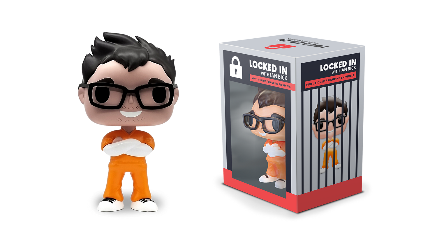 Ian Bick host of Locked In vinyl figure of a character in an orange jumpsuit with a matching box on a white background