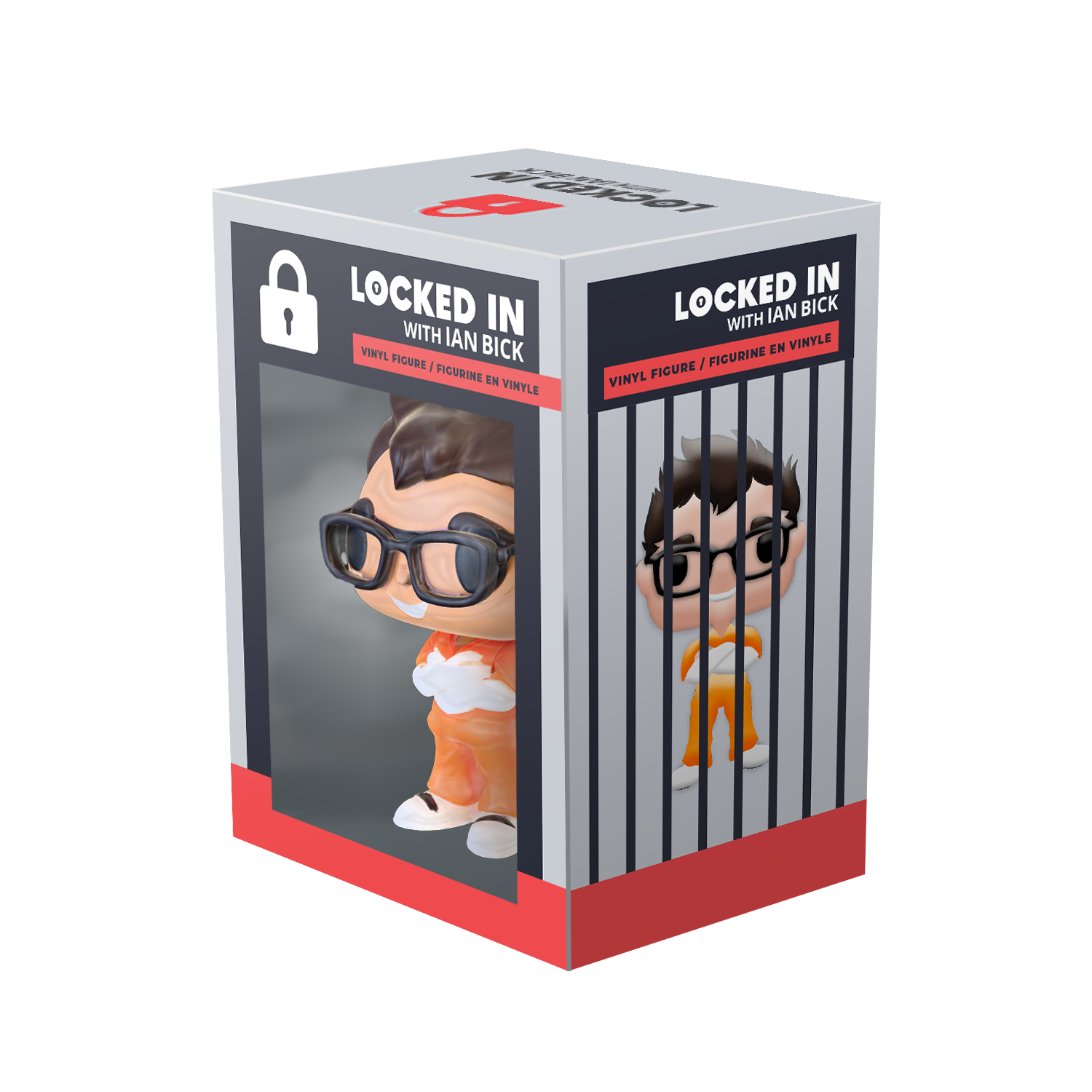 Boxed Ian Bick host of Locked In vinyl figure of a character with glasses and orange outfit, labeled 'Locked In with Ian Bick'.