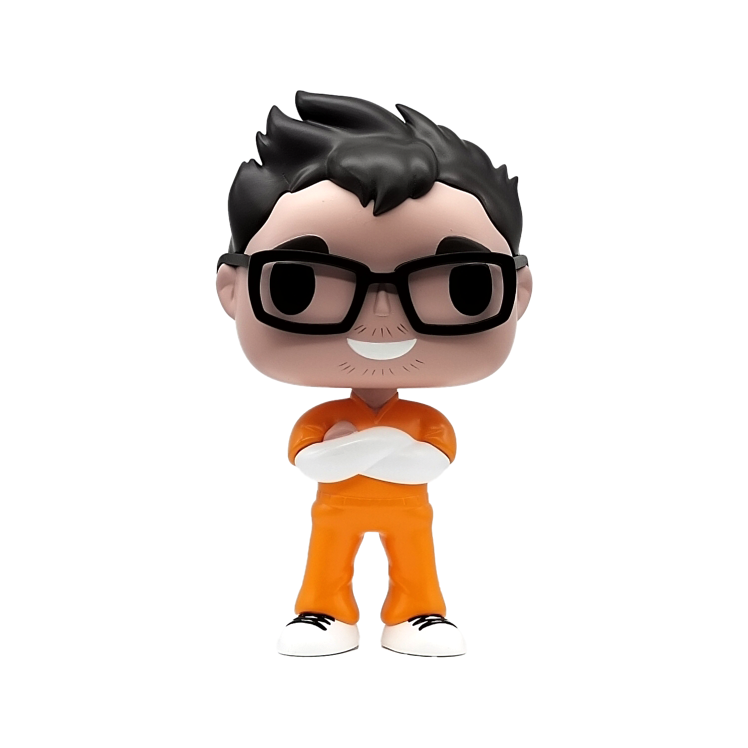 Ian Bick host of Locked In figurine of a character with black hair, glasses, and orange outfit on a white background