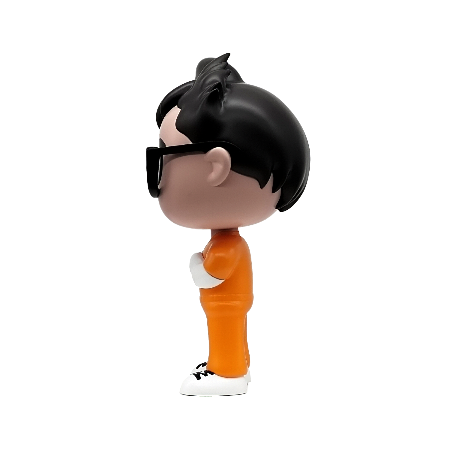 Ian Bick host of Locked In figurine of a character with black hair and sunglasses, wearing an orange outfit on a white background