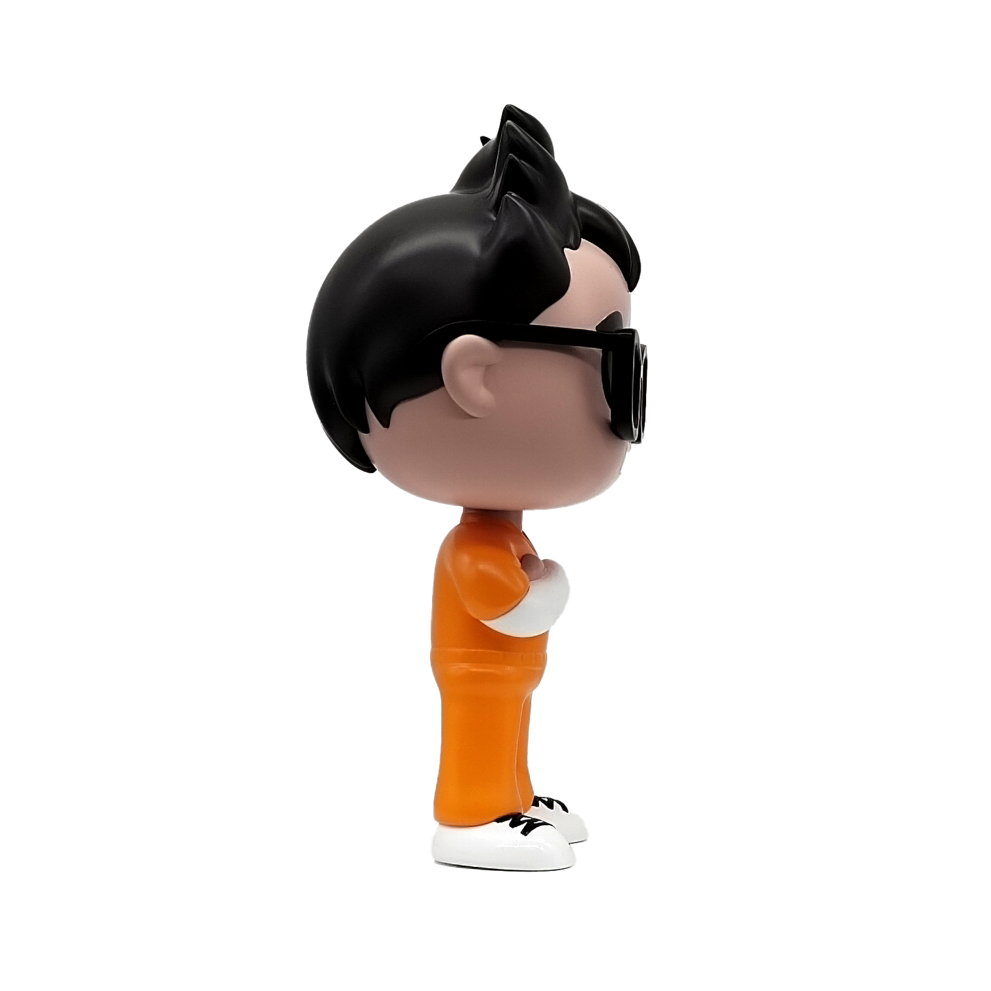 Ian Bick host of Locked In toy figure with black hair, sunglasses, and orange outfit on a white background