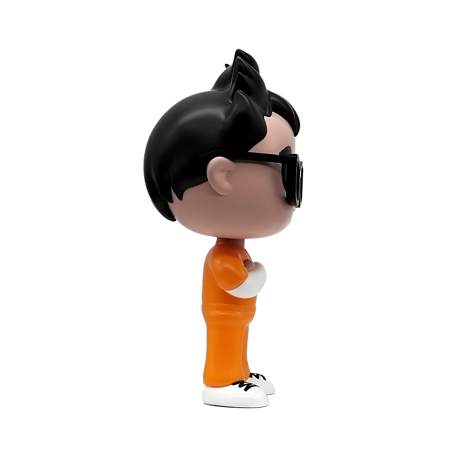 Ian Bick host of Locked In toy figure with black hair, sunglasses, and orange outfit on a white background