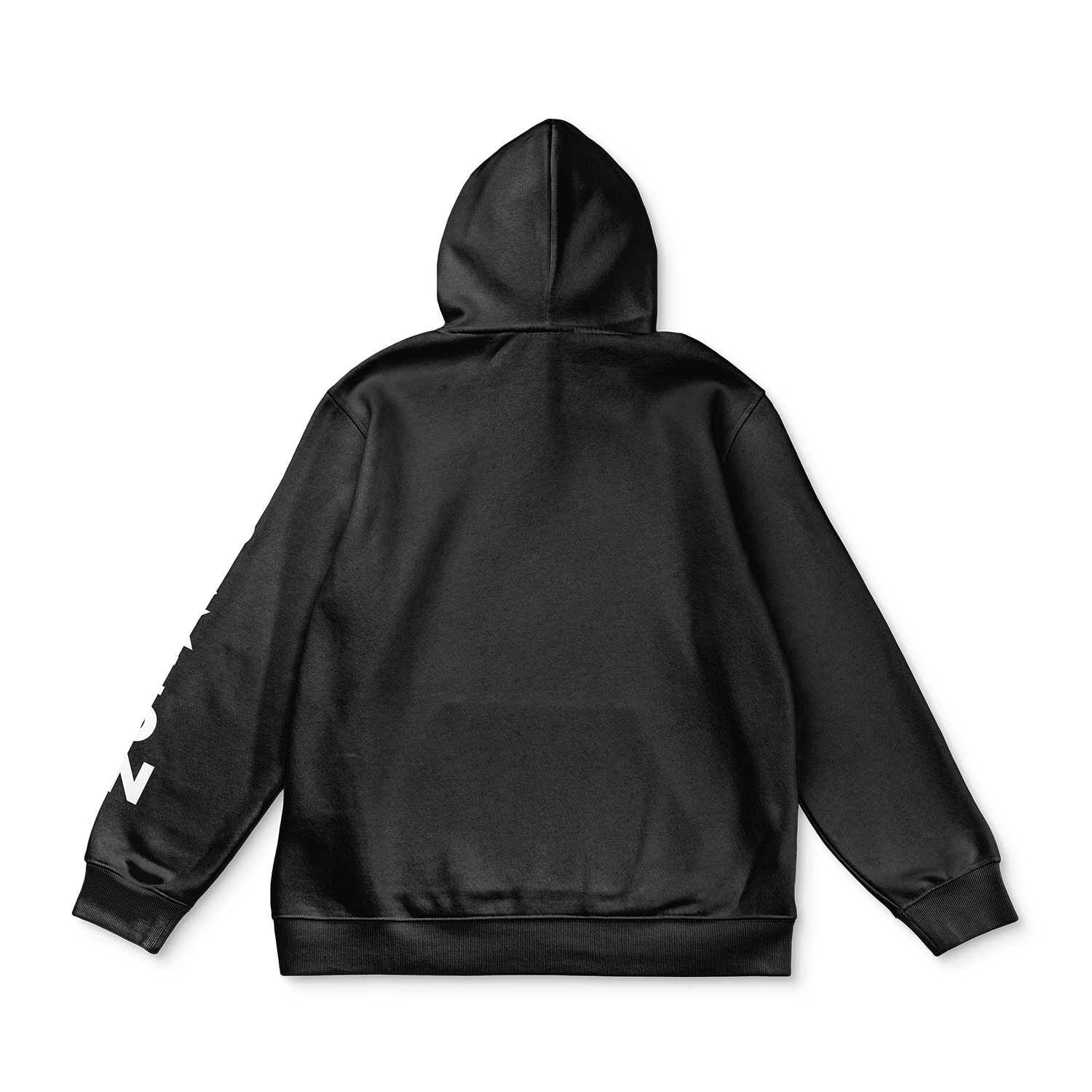 Back view of black hoodie with hood, plain back, ribbed cuffs and hem; slight “LOCKED IN” sleeve text visible at the edge.