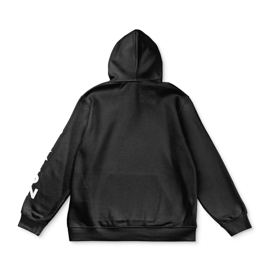 Back view of black hoodie with hood, plain back, ribbed cuffs and hem; slight “LOCKED IN” sleeve text visible at the edge.