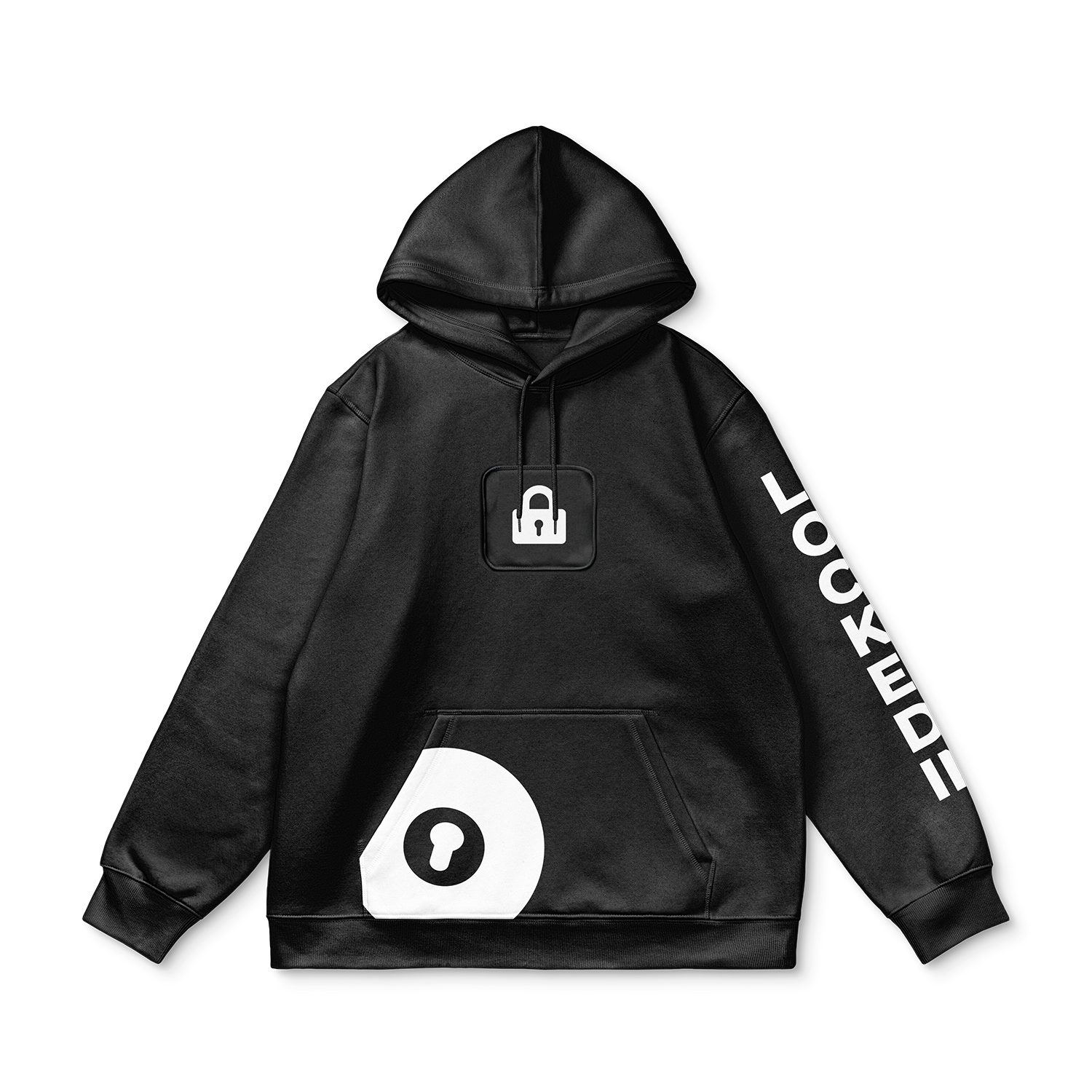Black hoodie front view with pouch pocket, white lock icon on chest, “LOCKED IN” text on right sleeve, and circular lock graphic by the pocket.