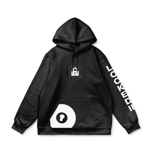 Black hoodie front view with pouch pocket, white lock icon on chest, “LOCKED IN” text on right sleeve, and circular lock graphic by the pocket.