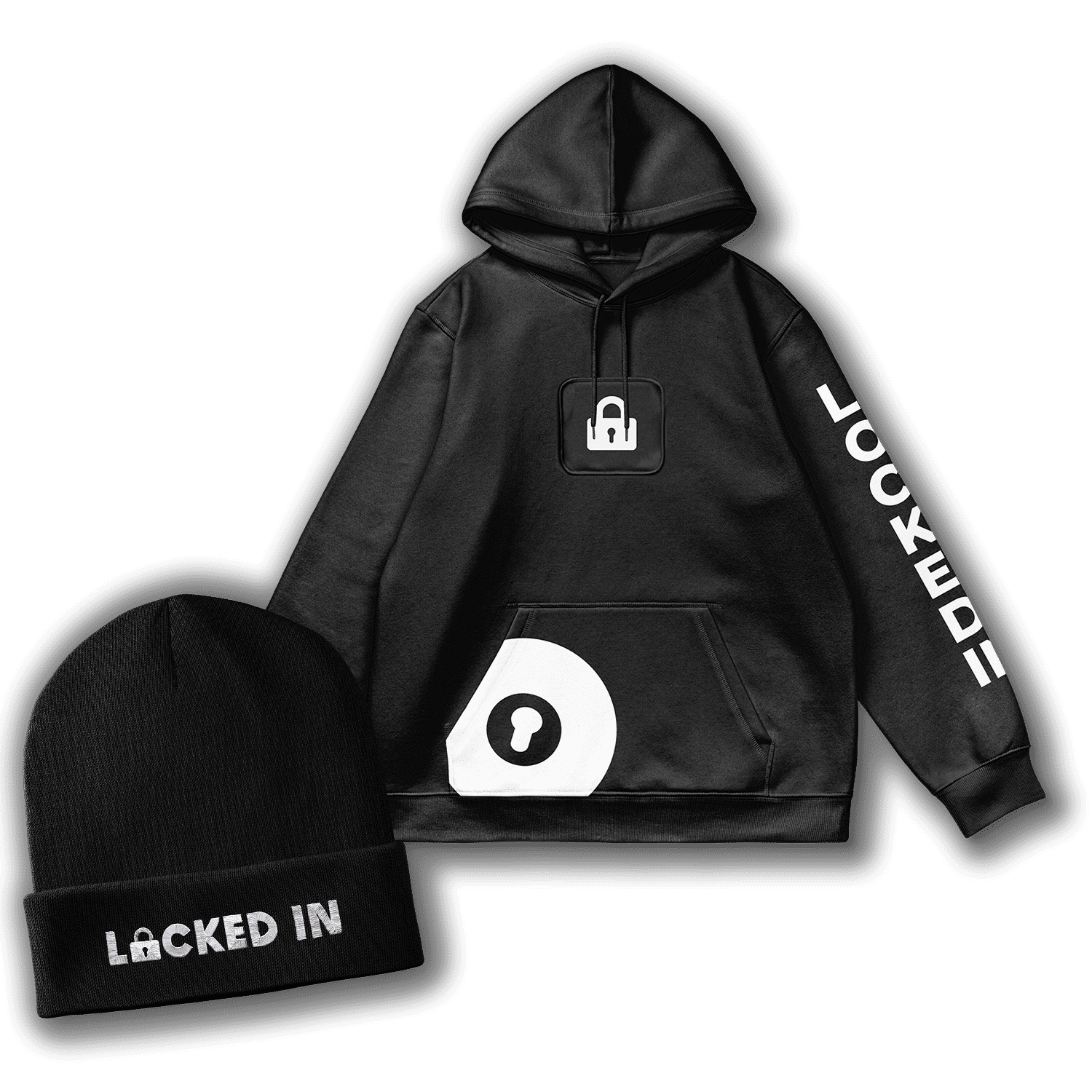 Locked In Essentials set featuring a black hoodie with lock icons and sleeve branding, paired with a black beanie embroidered with the Locked In logo.