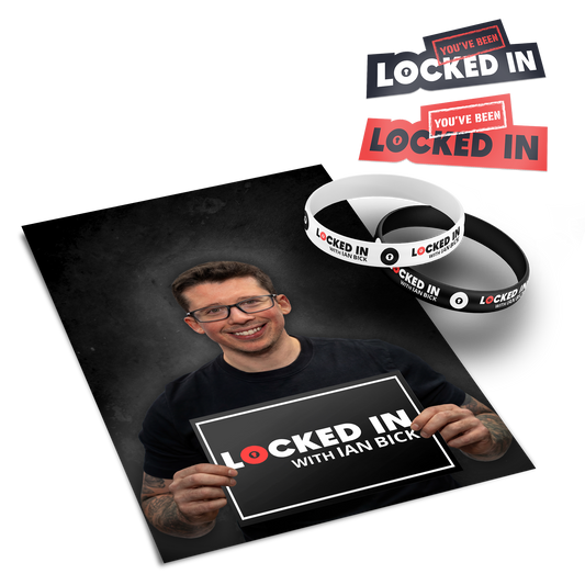 Ian Bick holding “Locked In with Ian Bick” poster with Locked In stickers and black/white wristbands on a dark background